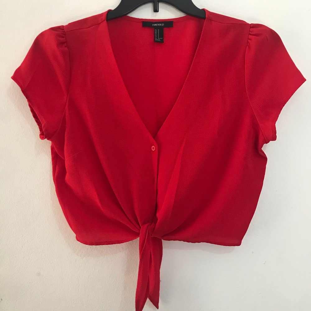 Red Front Tie Button Up Crop Top // Forever 21